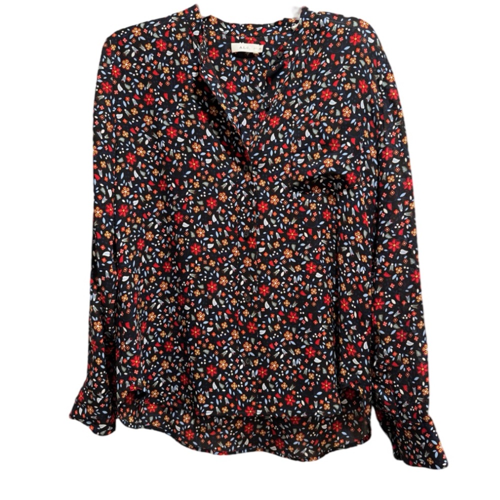 A.L.C. 100% Silk Floral Button Front Long Sleeve Blouse Black Multicolor Size 8 - Picture 7 of 8